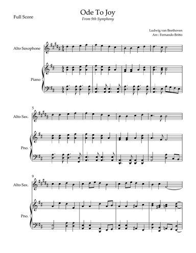 Ode To Joy Theme (from Beethoven's 9th Symphony) for Alto Saxophone Solo and Piano Accompaniment