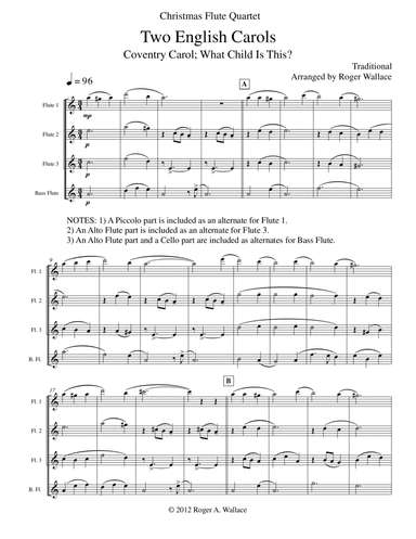 Two English Carols (Coventry Carol; What Child Is This?) - Flute Quartet