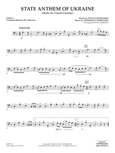 State Anthem of Ukraine (Shche Ne Vmerla Ukrainy) (arr. Murtha) - Pt.5 - Trombone/Bar. B.C./Bsn.