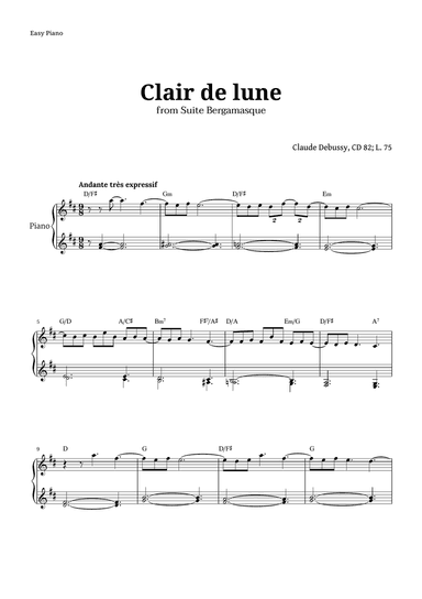 Clair de Lune by Debussy for Easy Piano