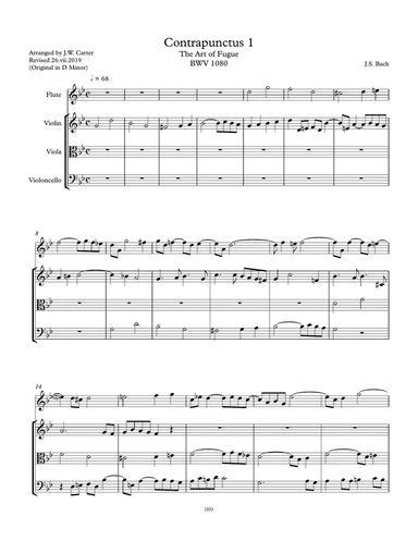 Contrapunctus I, The Art of Fugue, BWV 1080, by J.S. Bach, arranged for Flute and String Trio