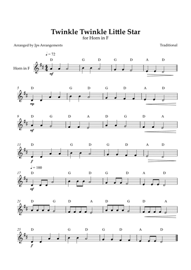 Twinkle Twinkle Little Star for Horn in F in G Major