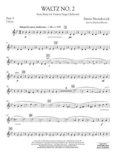 Waltz No. 2 (from Suite for Variety Stage Orchestra) (arr. Brown) - Pt.3 - F Horn