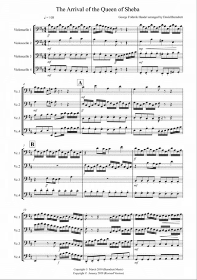 Arrival of the Queen of Sheba for Cello Quartet