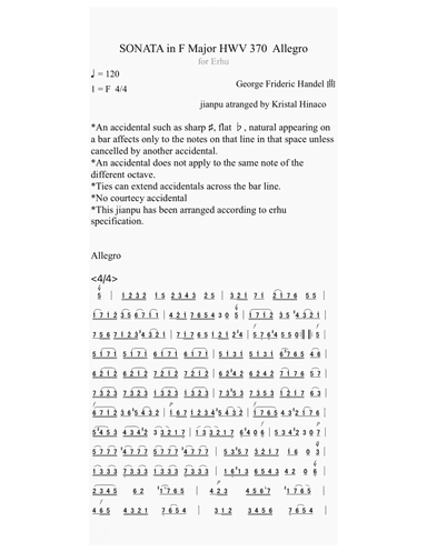 Sonata in F Major HWV 370 Allegro for Erhu