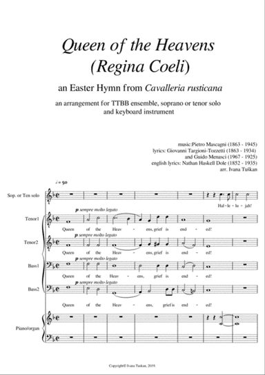 Queen of the Heaven (Regina coeli), TTBB, soprano or tenor solo, piano, full version F major