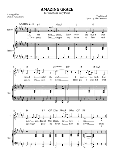 Amazing Grace(for tenor vocal with easy piano)