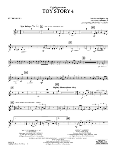 Highlights from Toy Story 4 (arr. Johnnie Vinson) - Bb Trumpet 3