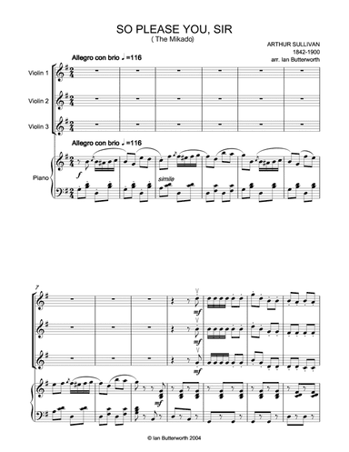 SULLIVAN So Please, Sir (The Mikado) for 3 violins & piano