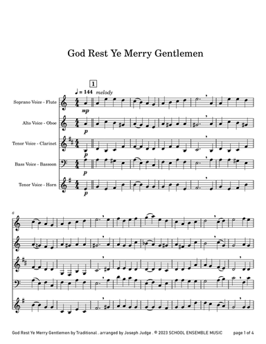 God Rest Ye Merry Gentlemen for Woodwind Quartet in Schools