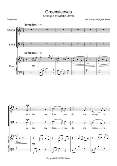 Greensleeves - 2 Part Choir - TB - Lower Voices