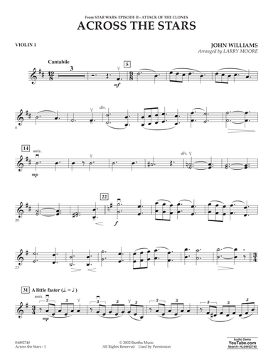 Across The Stars (from Star Wars: Attack of the Clones) (arr. Moore) - Violin 1