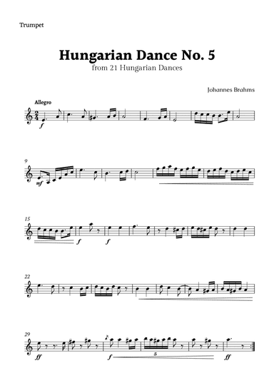 Hungarian Dance No. 5 by Brahms for Trumpet Solo