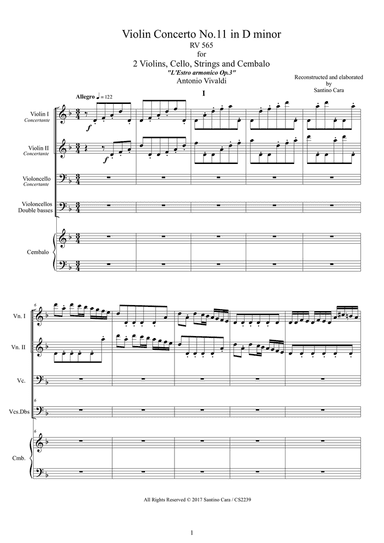 Vivaldi - Violin Concerto No.11 in D minor RV 565 Op.3 for Two Violins, Cello, Strings and Cembalo