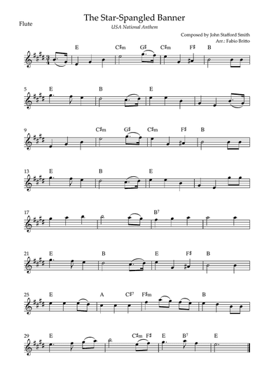 The Star Spangled Banner (USA National Anthem) for Flute Solo with Chords (E Major)