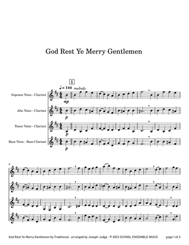 God Rest Ye Merry Gentlemen for Clarinet Quartet in Schools