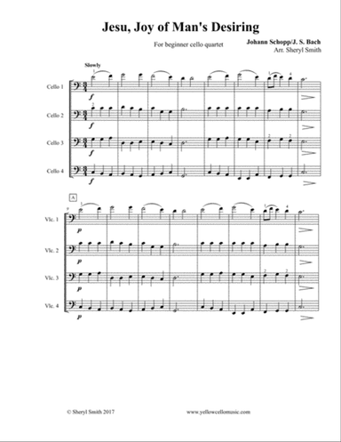 Jesu, Joy of Man's Desiring by J. S. Bach, arranged for beginner cello quartet