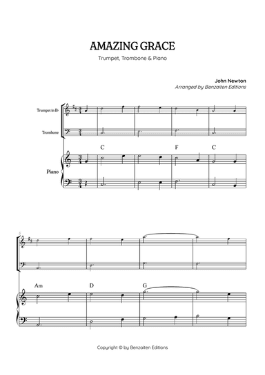 Amazing Grace • super easy trumpet and trombone sheet music with piano accompaniment and chords
