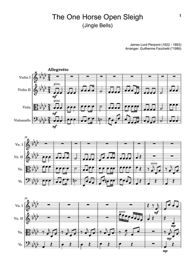 James Lord Pierpont - The One Horse Open Sleigh (Jingle Bells). Arrangement for String Quartet.