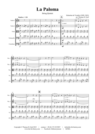 La Paloma - Spanish Habanera THE WHITE DOVE - String Quintet