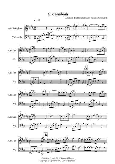 Shenandoah for Alto Saxophone and Cello Duet