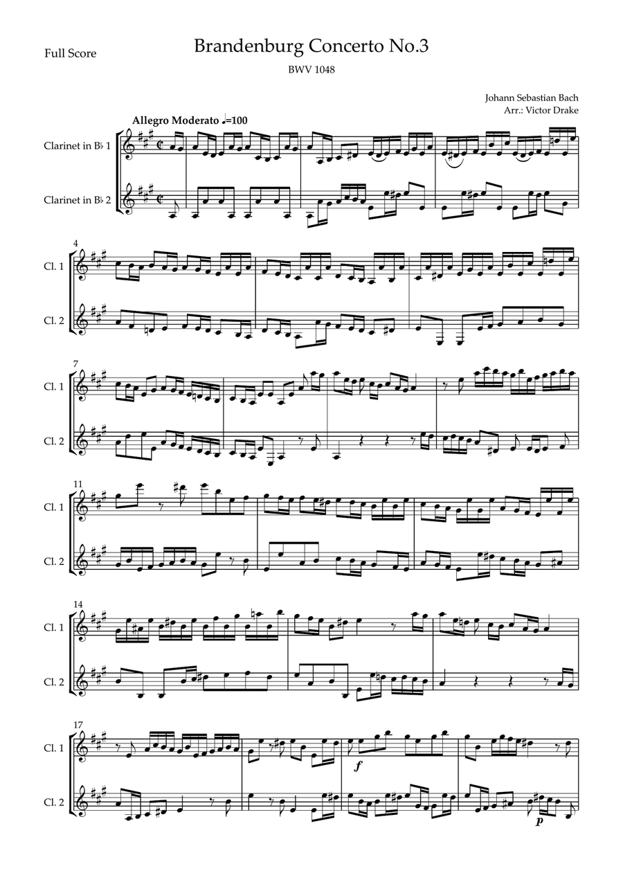 Brandenburg Concerto No. 3 in G major, BWV 1048 1st Mov. (J.S. Bach) for Clarinet in Bb