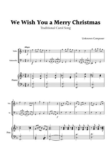 We Wish you a Merry Christmas for Violin and Cello Duet with Piano