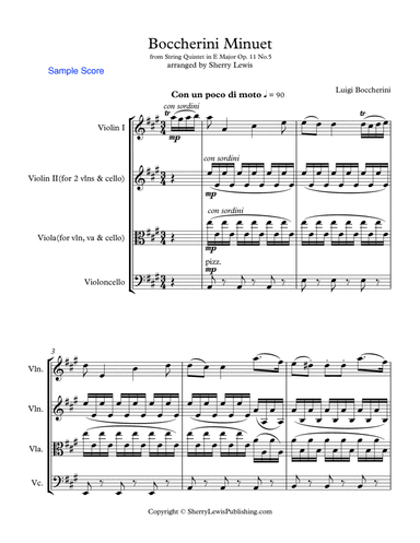 BOCCHERINI MINUET - (Minuet Op. 11 No. 5) String Trio, Intermediate Level for 2 violins and cello or