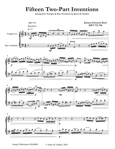 Bach: 15 Two -Part Inventions for Trumpet & Bass Trombone