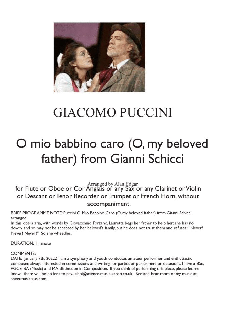 O MIO BABBINO CARO (O, my beloved father) from Gianni Schicci, by G Puccini, arranged as unaccompani