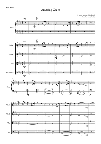 Amazing Grace (John Newton, E. O. Excell) for String Quartet and Piano Accompaniment with Chords