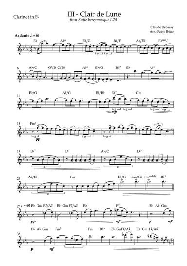 Clair de Lune (C. Debussy) for Clarinet in Bb Solo with Chords (Db Major)