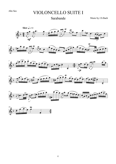 Sarabande from Violoncello Suite I by J.S.Bach for Alto Saxophone