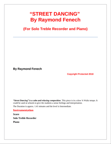 "Street Dancing" - For Solo Treble Recorder and Piano - Early Intermediate/ Intermediate level