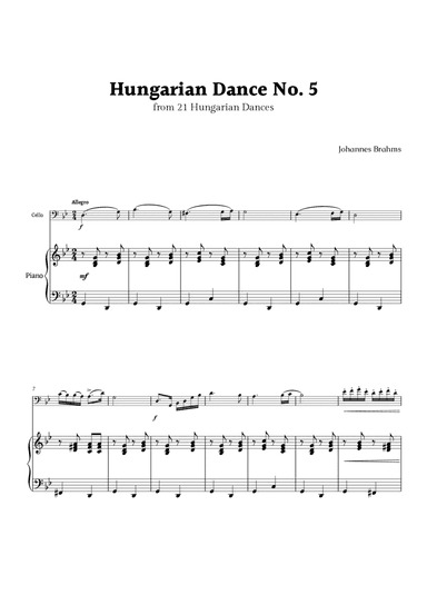 Hungarian Dance No. 5 by Brahms for Cello and Piano