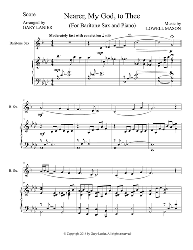 NEARER, MY GOD, TO THEE (Duet– Baritone Sax/Piano with Score and Instrument Part)
