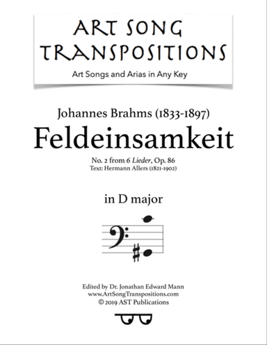 BRAHMS: Feldeinsamkeit, Op. 86 no. 2 (transposed to D major, bass clef)