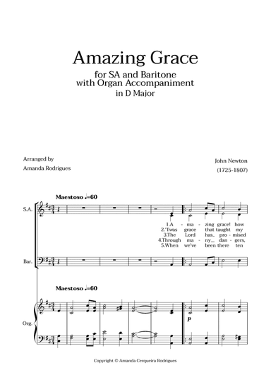 Amazing Grace in D Major - SA and Baritone with Organ Accompaniment