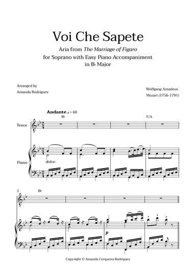 Voi Che Sapete from "The Marriage of Figaro" - Easy Tenor and Piano Aria Duet with Chords in Bb Majo