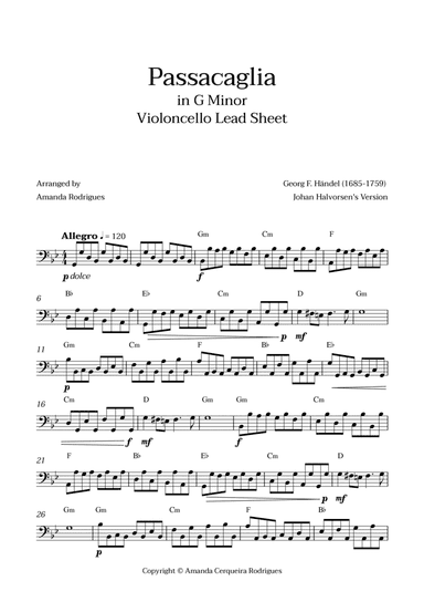 Passacaglia - Easy Cello Lead Sheet in Gm Minor (Johan Halvorsen's Version)