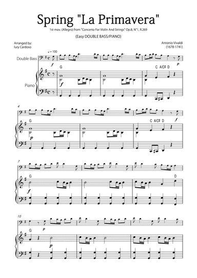 "Spring" (La Primavera) by Vivaldi - Easy version for DOUBLE BASS & PIANO