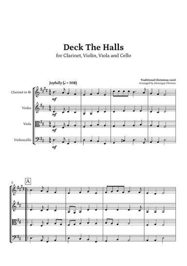Deck The Halls (Clarinet, Violin, Viola and Cello) | Christmas Carol