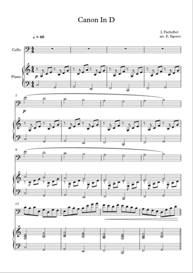 Canon In D, Johann Pachelbel, For Cello & Piano