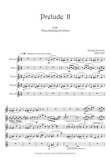 George Gershwin Prelude No 2 Flute Choir 4 Concert C Flutes 1 Piccolo Andante con moto e poco rubato
