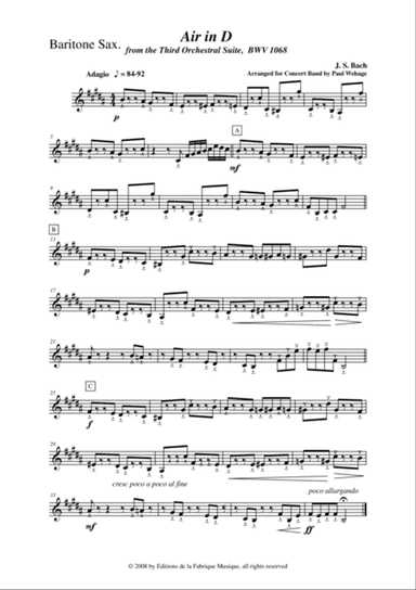 Johann Sebastian Bach/Wehage, Air in D from the Third orchestral suite, BWV 1068 arranged for concer