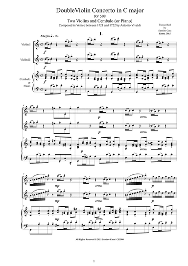 Vivaldi - Double Violin Concerto in C major RV 508 for Two Violins and Cembalo or Piano