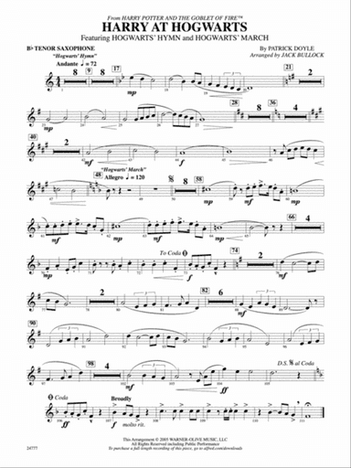Harry at Hogwarts (from Harry Potter and the Goblet of Fire): B-flat Tenor Saxophone