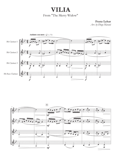 Vilia from "The Merry Widow" for Clarinet Quartet