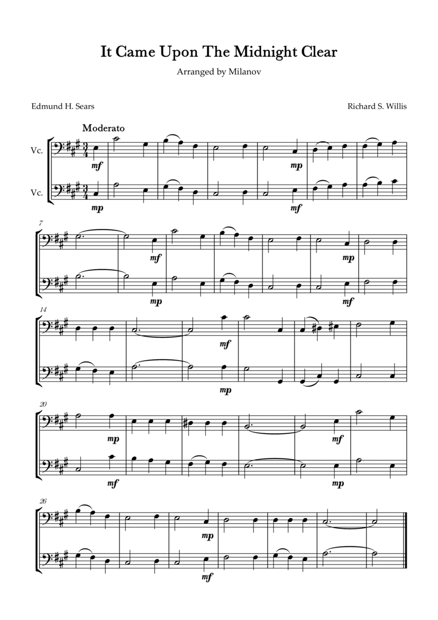 It Came Upon The Midnight Clear Cello Duet in A Easy Intermediate