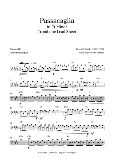Passacaglia - Easy Trombone Lead Sheet in C#m Minor (Johan Halvorsen's Version)